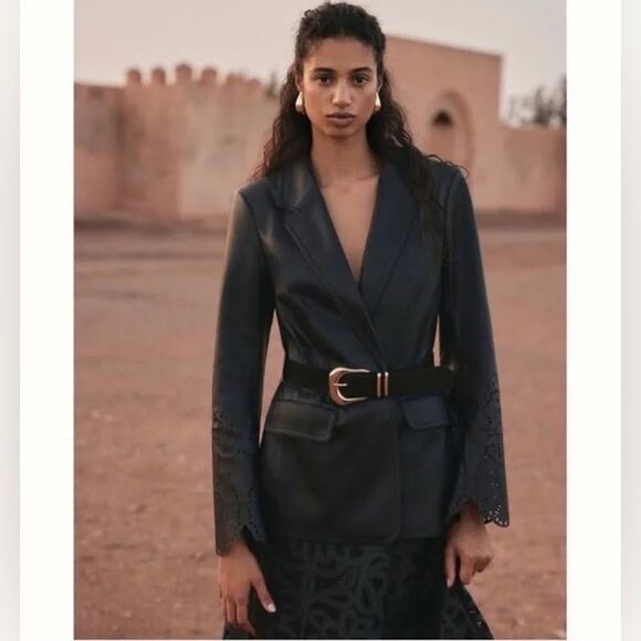 Maeve by Anthropologie Black Faux Leather Laser Cutout Bell Sleeve Blazer Size 8 - Picture 1 of 8